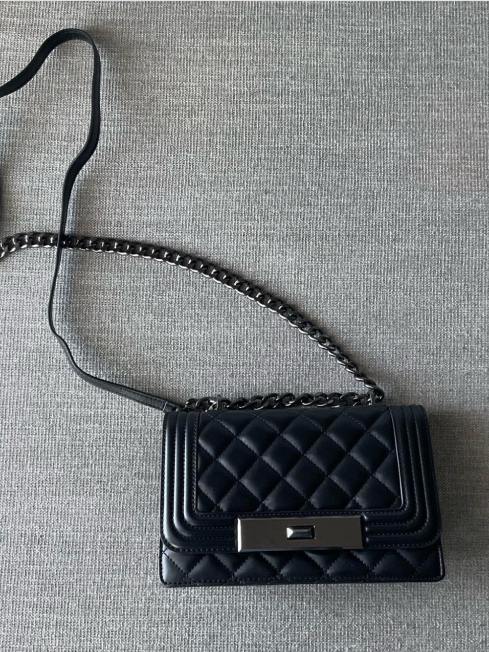Quilted Black Leather Crossbody with Chain Strap